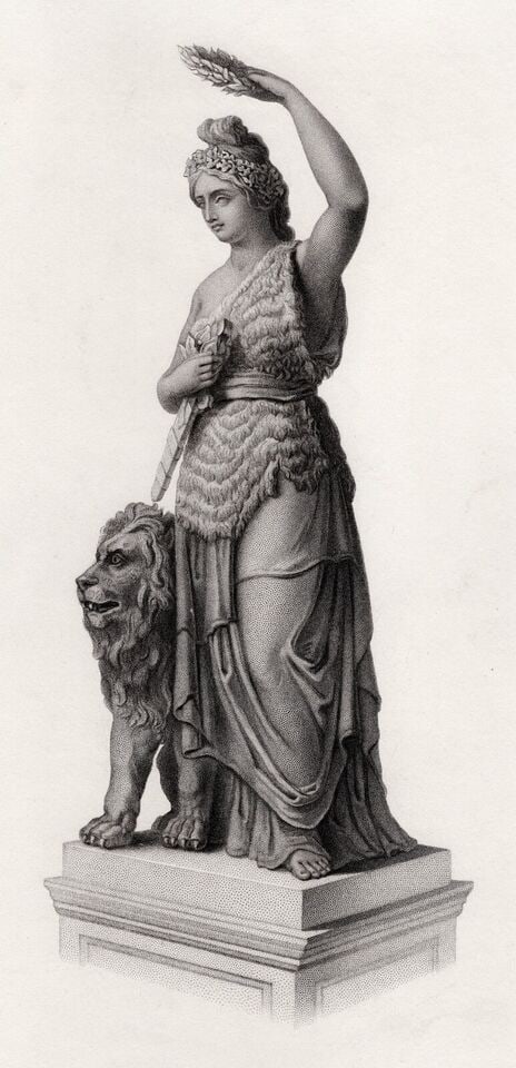 Ludwig Michael SCHWANTHALER 1800s Engraving THE BAVARIA Framed: Ludwig Michael von Schwanthaler (German, 1802-1848). The Bavaria. Antique engraving on wove paper after the original bronze sand-cast by master engraver George R Hall (British; American (USA) 1818-).