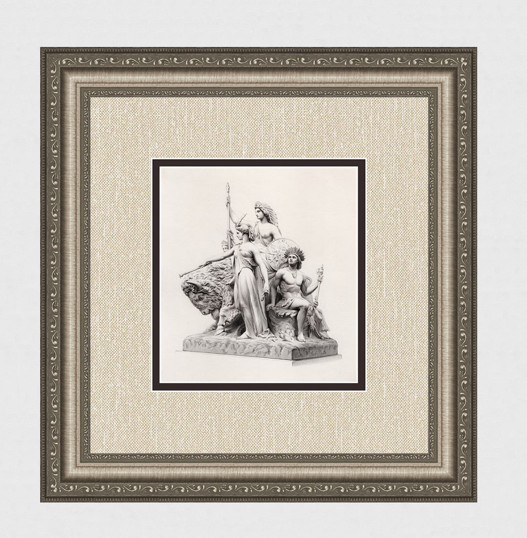 1800s JOHN BELL Allegorical Engraving The Figure of America Framed: John Bell (British, 1811-1895). America. Antique engraving on wove paper after the original by master engraver William Callis Roffe (British, 1817-1902). Year: 1871. Image Size 6 1/2 x 7 inches. Frame