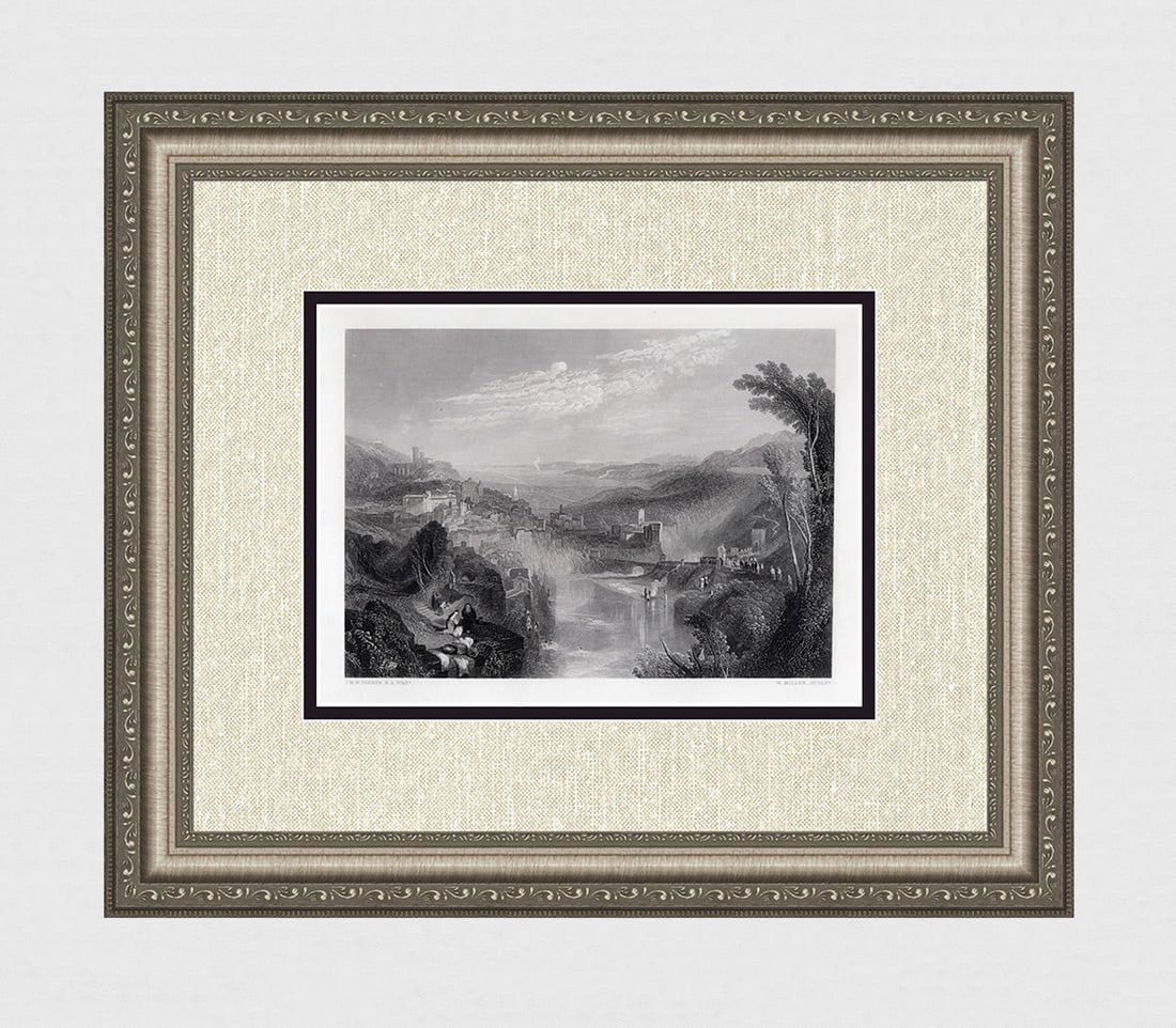 WILLIAM TURNER 1800s Engraving Landscape with Bathers SIGNED Framed: Joseph Mallord William Turner (English, 1775-1851). Modern Italy. Antique engraving on wove paper after the original by master engraver William Miller (British, 1796 - 1882). Year: 1861.Signed in the