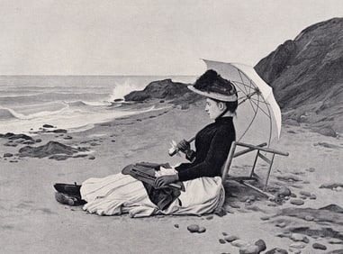 Camille Bellanger 1800s Antique Print Alone on the Beach SIGNED Framed