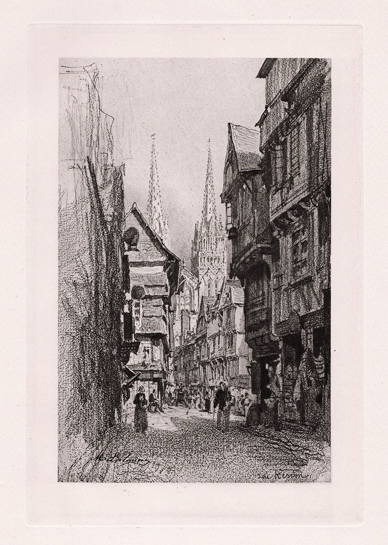 Maxime Lalanne Quimper print signed: Maxime Lalanne. (French, 1827-1886). Quimper. Antique Heliogravure on wove paper after the original sketch by a Master Engraver. 1886. Signed in the plate, lower left. Excellent. Image Size 6 1/8 x 9
