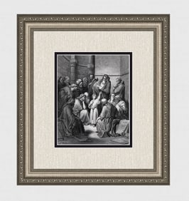 GUSTAVE DORE 1800s Biblical Wood Engraving Boy Jesus Amazes the Scholars SIGNED Framed