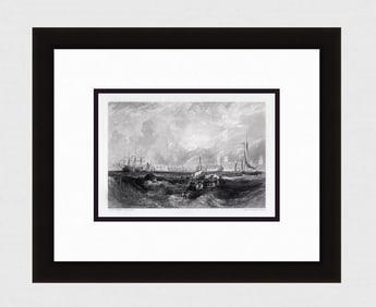 William TURNER SIGNED 1800s Engraving Portsmouth, Hampshire FRAMED