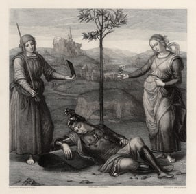 RAPHAEL 1800s Antique Etching The Knights Dream FRAMED SIGNED COA