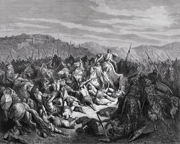 1800s Gustave Dore Religious Woodcut Slaughter of the Syrians Signed Framed