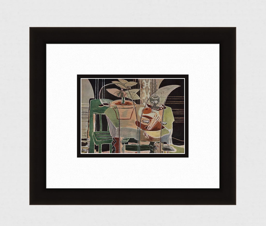 BRAQUE 1956 Vintage Lithograph Palette et Pot de Fleurs SIGNED Framed: Georges Braque (French, 1882-1963). Palette et Pot de Fleurs (Pallet and Flowerpot). Vintage offset lithograph after the original painting. Year: 1956. Signed in the plate, lower left. Printer: Draege