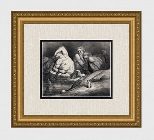 1800s Gustave Dore Divine Comedy Enferno Woodcut GIANTS Framed Signed