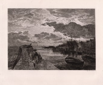 1879 Samuel Bough Cellardyke Harbour, Firth of Forth etching signed