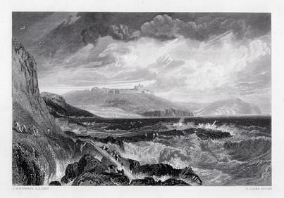 1800s WILLIAM TURNER Engraving Pendennis Castle Signed Framed