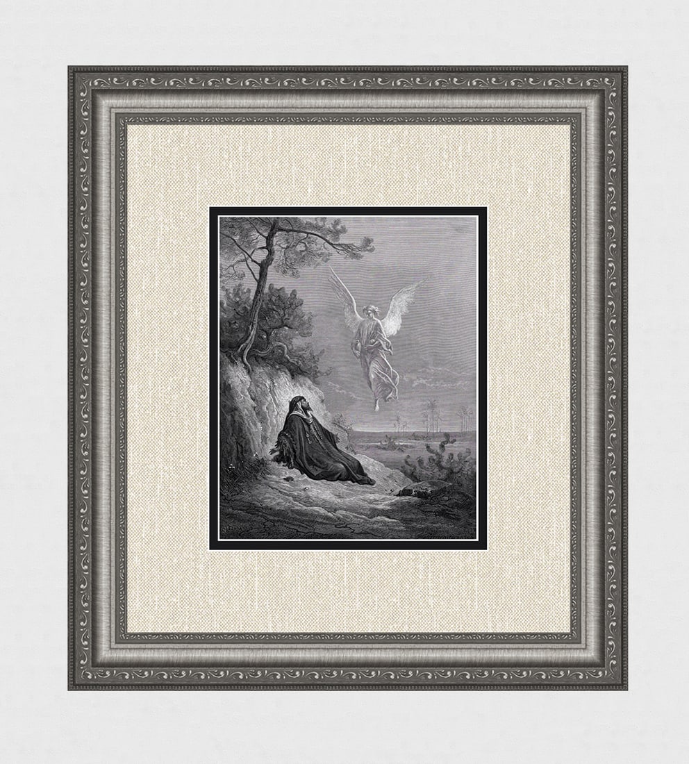 1800s Gustave Dore Biblical Woodcut Elijah & the Angel Framed Signed: Gustave Dore (Paul Gustave Louis Christophe Dore) (French, 1832-1883). Elijah Nourished by an Angel (From Dore's Bible, Antique woodcut wove paper after the original by a master wood engravers Adolphe