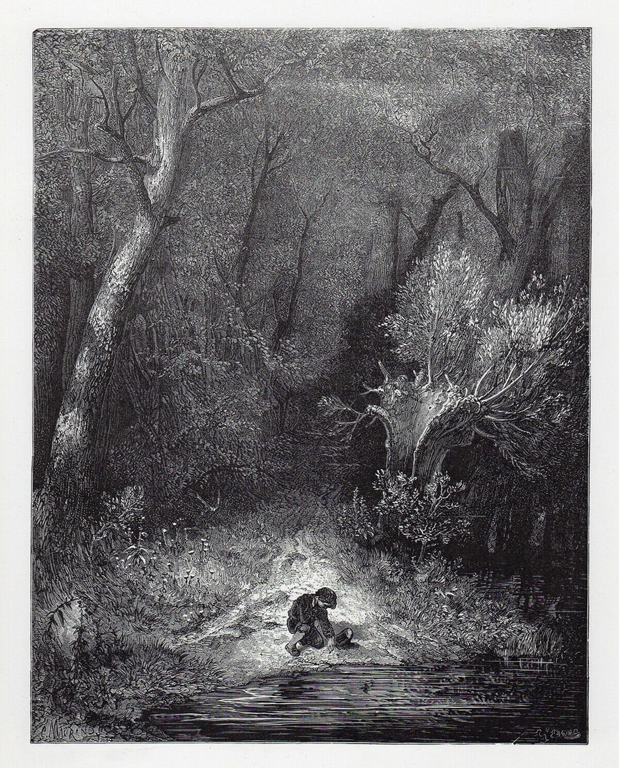 Gustave Dore Little Tom Thumb 1880 Wood Engraving Signed: Gustave Dore. Little Tom Thumb. Antique Wood Engraving on thick wove paper executed by master wood engraver Charles Maurand (French, 1824-1904). 1880. Signed in the plate. Image size 7 1/2 x 9 5/8 inc