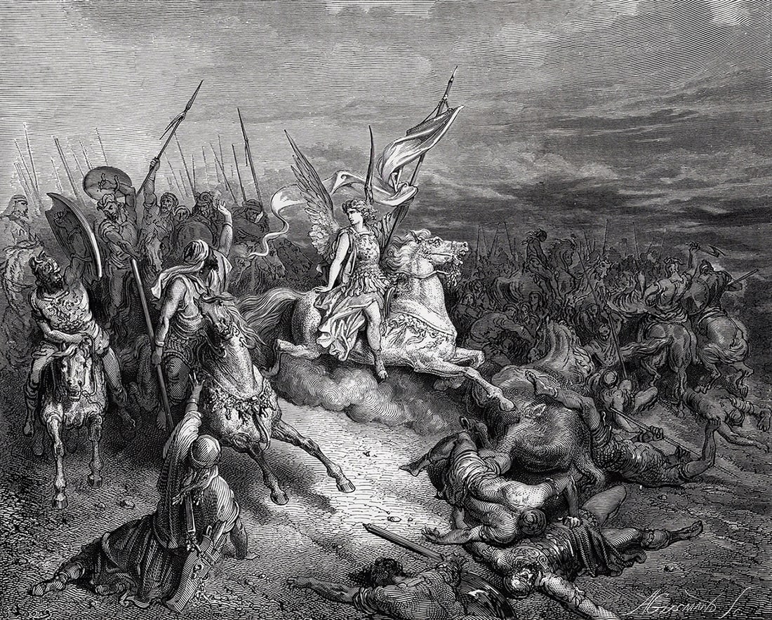 SIGNED 1800s GUSTAVE DORE'S BIBLE Woodcut Judas Defeats Lysias FRAMED: Gustave Dore (Paul Gustave Louis Christophe Dore) (French, 1832-1883). The Angel is sent to Deliver Israel (from Dore's Bible). Antique woodcut wove paper after the original by a master wood engraver