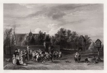 1800s David TENIERS SIGNED Antique Engraving The Peasants Party FRAMED