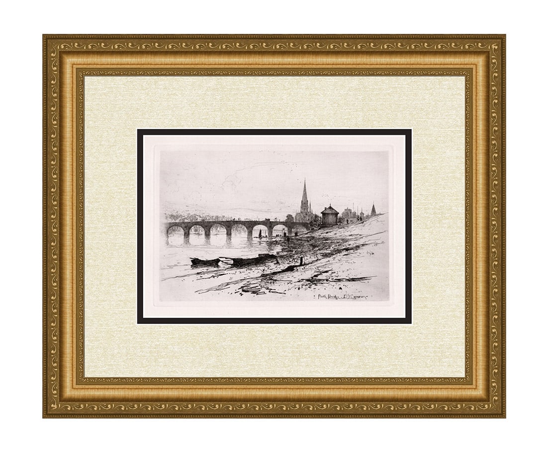 Sir David Young Cameron Perth Bridge etching signed: Sir David Young Cameron. (Scottish, 1865 - 1945). Perth Bridge. Original Etching on wove paper. 1889. Signed in the plate, lower right. Excellent. Image Size 6 7/8 x 10 1/4 inches. Approximately 16 x