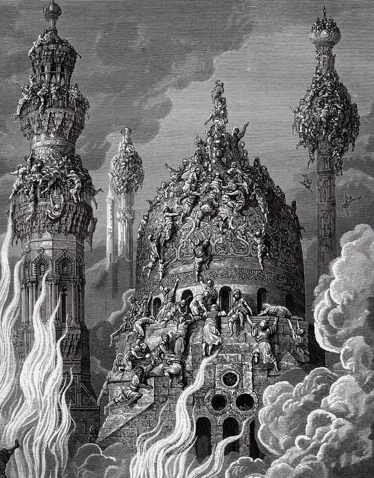 1800s Gustave Dore Woodcut The Destruction of Bizerte Signed Framed: Gustave Dore (Paul Gustave Louis Christophe Dore )(French, 1832-1883). The Destruction of Bizerte (From Orlando Furioso). Antique woodcut on wove paper after the original Illustration by master wood e