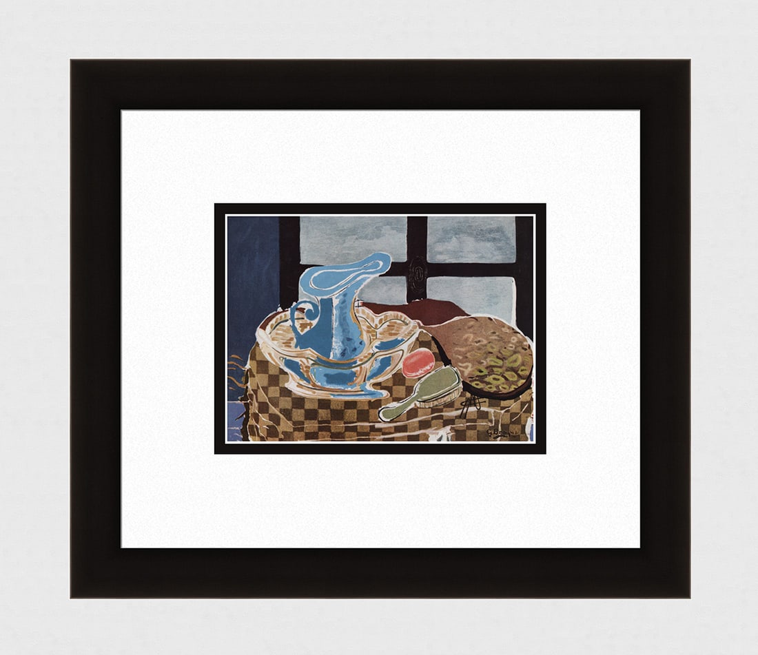 Georges BRAQUE 1956 Vintage SIGNED Lithograph The Blue Bowl FRAMED: Georges Braque (French, 1882-1963). La Cuvette Bleue (The Blue Washbasin). Vintage offset lithograph after the original painting. Year: 1956. Signed in the plate, lower right. Printer: Draeger Freres.
