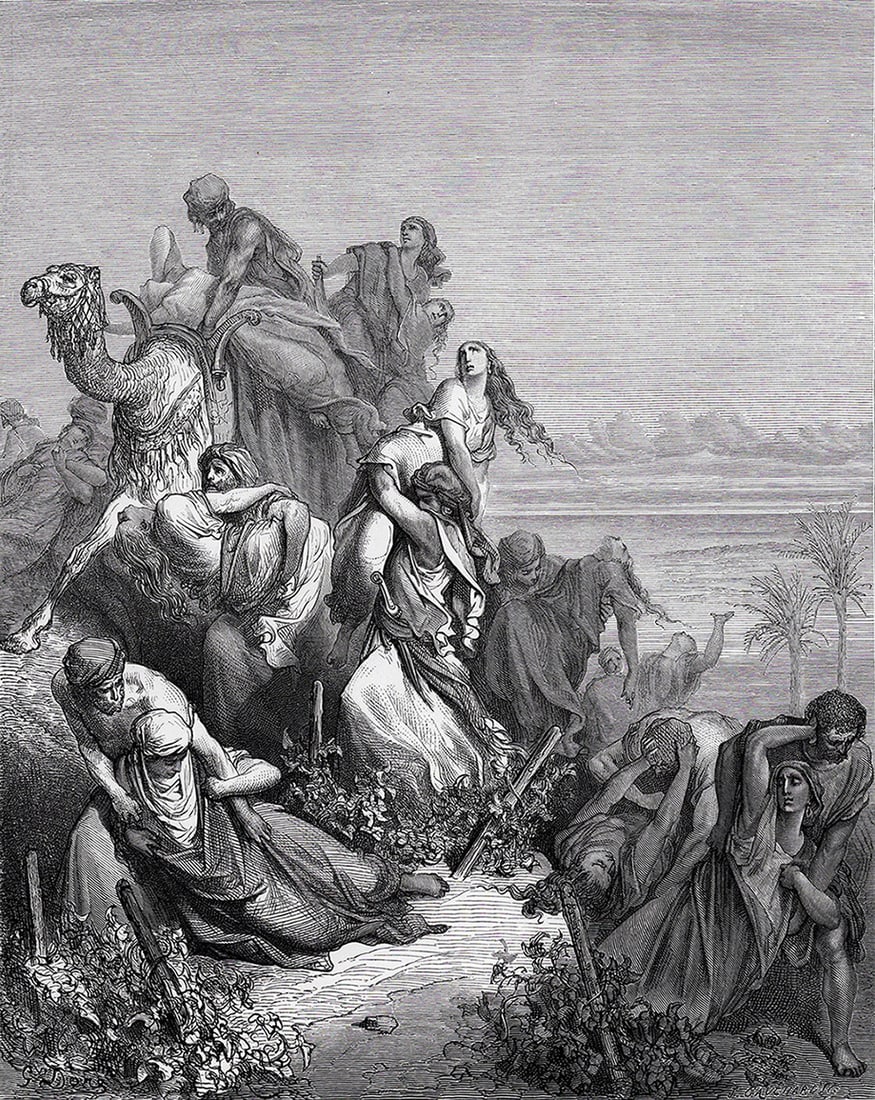 Gustave DORE'S BIBLE 1800s Woodcut WIVES FOR THE BENJAMITES Framed Signed: Gustave Dore (Paul Gustave Louis Christophe Dore) (French, 1832-1883). The Benjaminites take the Virgins of Jabesh Gilead (From Dore's Bible). Antique woodcut wove paper after the original by a master