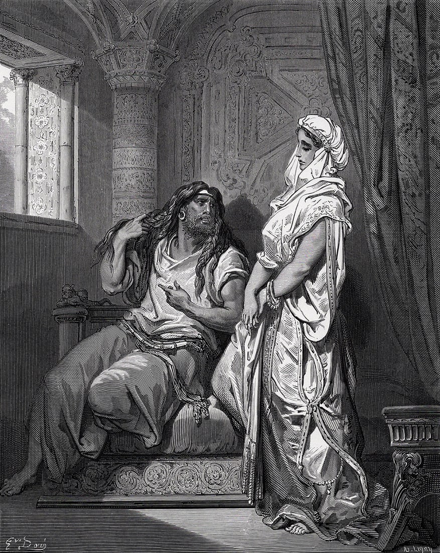 1800s GUSTAVE DORE SIGNED Biblical Woodcut SAMSON & DELILAH Framed: Gustave Dore (Paul Gustave Louis Christophe Dore) (French, 1832-1883). Samson and Delilah. Antique woodcut wove paper after the original by a master wood engraver Ad Lingny (French, active 1855 - 1876