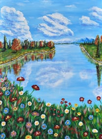 Arthur Kinslow Orginal Painting Flowers by the Lake 30 x 40 Inches