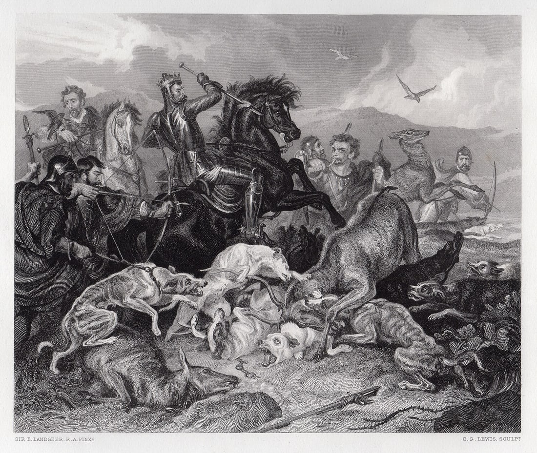 1876 Sir Edwin Henry Landseer Chevy-Chase engraving signed: Sir Edwin Henry Landseer. (English, 1802-1873). Chevy-Chase. Antique Steel Engraving on wove paper after the original oil on canvas by Master Engraver Charles George Lewis (1808-1880). 1876. Signed in