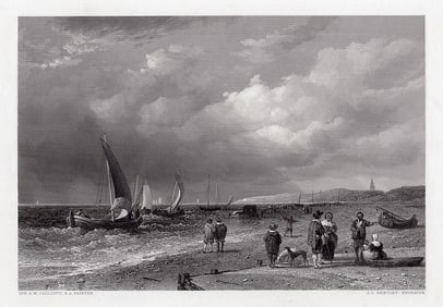 John Callcott Horsley 1800s Engraving "Sea-Shore in Holland" Signed FRAMED