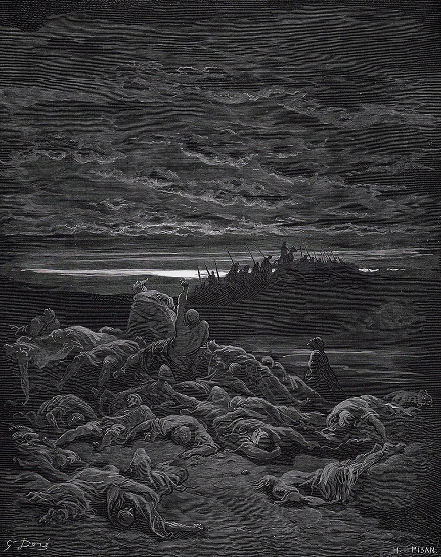 1800s GUSTAVE DORE Wood Engraving ABIMELECH'S CONSPIRACY Signed Framed: Gustave Dore (Paul Gustave Louis Christophe Dore) (French, 1832-1883). The Death of the sons of Jerubbaal (From Dore's Bible). Antique Wood Engraving on wove paper executed by master wood engraver Hel