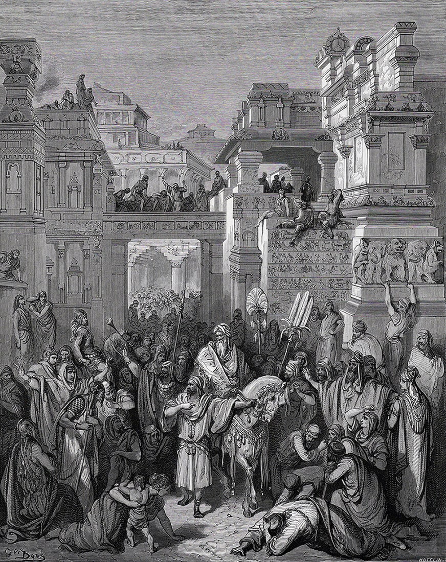 1800s GUSTAVE DORE BIBLE Woodcut MORDECAI IS HONORED Framed Signed: Gustave Dore (Paul Gustave Louis Christophe Dore) (French, 1832-1883). Triumph of Mordecai (from Dore's Bible). Antique woodcut wove paper after the original by a master wood engraver Laurent Hotelin