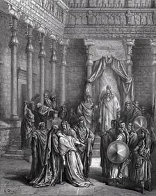 1800s Gustave DORE Biblical Woodcut Esther Before the King SIGNED FRAMED
