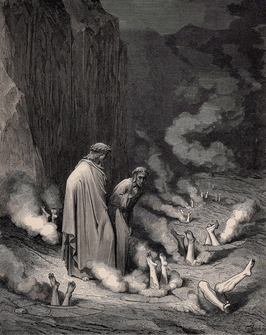 Gustave Dore The Simonists (Dante's Divine Comedy Enferno) c. 1880 Woodcut: Gustave Dore (Paul Gustave Louis Christophe Dore) (French, 1832-1883). Chant 19. The Simonists (Dante's Divine Comedy Enferno). Antique woodcut wove paper after the original by master wood engraver St