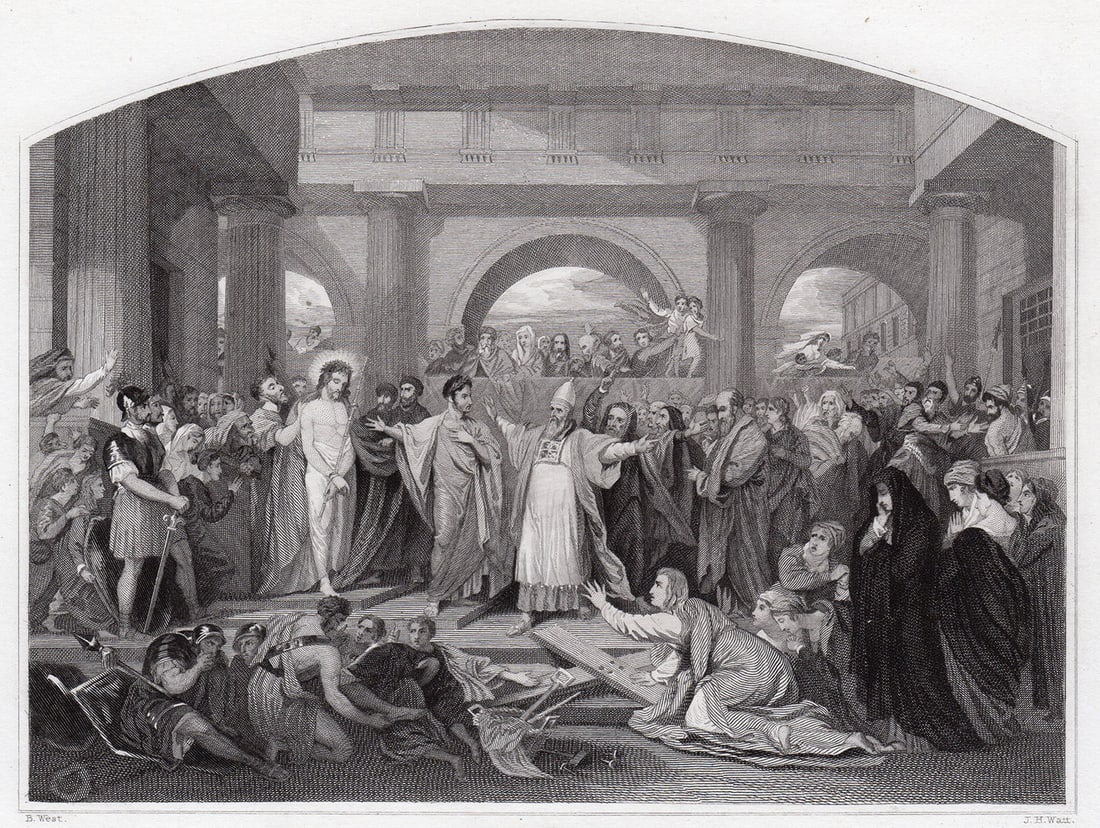 Benjamin West Christ Rejected engraving signed: Benjamin West. (1738 - 1820). Christ Rejected. Antique Steel Engraving on wove paper after the original oil on canvas by master engraver James Henry Watt (British, 1799-1867). 1834. Signed in the plat