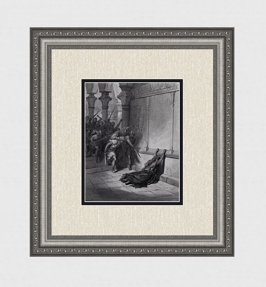 Gustave DORE SIGNED 1800s Religious Wood Engraving The Death of Athaliah FRAMED: Gustave Dore (Paul Gustave Louis Christophe Dore) (French, 1832-1883). Death of Athaliah (From Dore's Bible). Antique Wood Engraving wove paper after the original by a master wood engraver Alexandre H