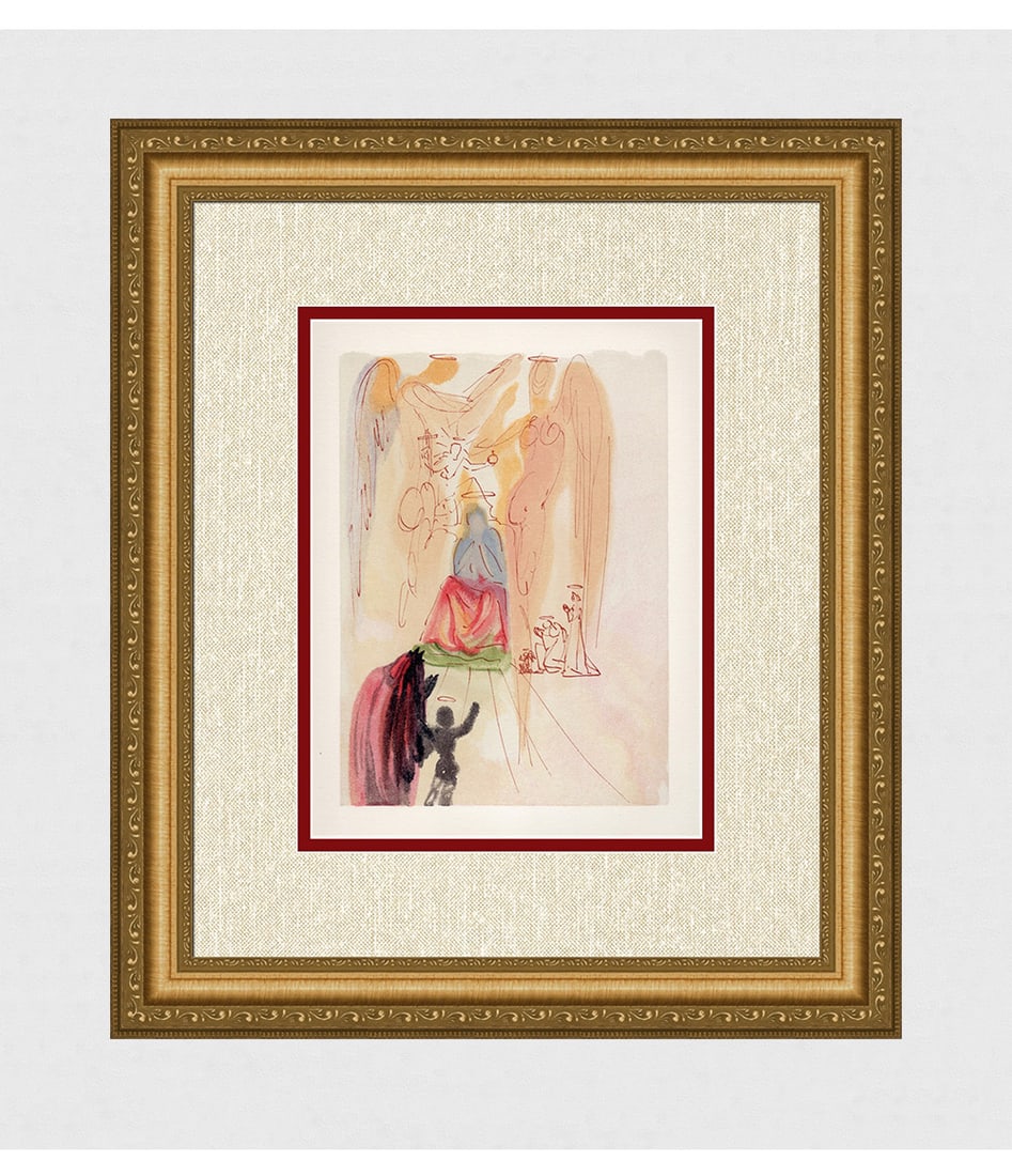 1960 Salvador Dali Triumph Authentic Woodcut: Salvador Dali. (1904-1989). "The Triumph of Christ And the Virgin" Paradise Canto 23. Authentic Original Color Woodcut from The Divine Comedy Printed in 1960 on B.F.K. Rives Paper ( this is not a repr