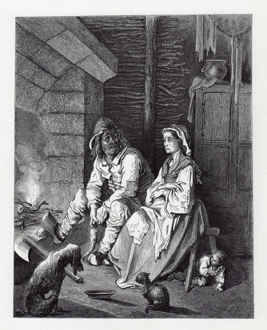 Gustave Dore Little Tom Thumb IX 1880 Wood Engraving Signed: Gustave Dore. Little Tom Thumb IX. Antique Wood Engraving on thick wove paper after the original by a Master wood engraver. 1880. Signed in the plate. Image size 7 3/8 x 9 1/2 inches. Framed dimension