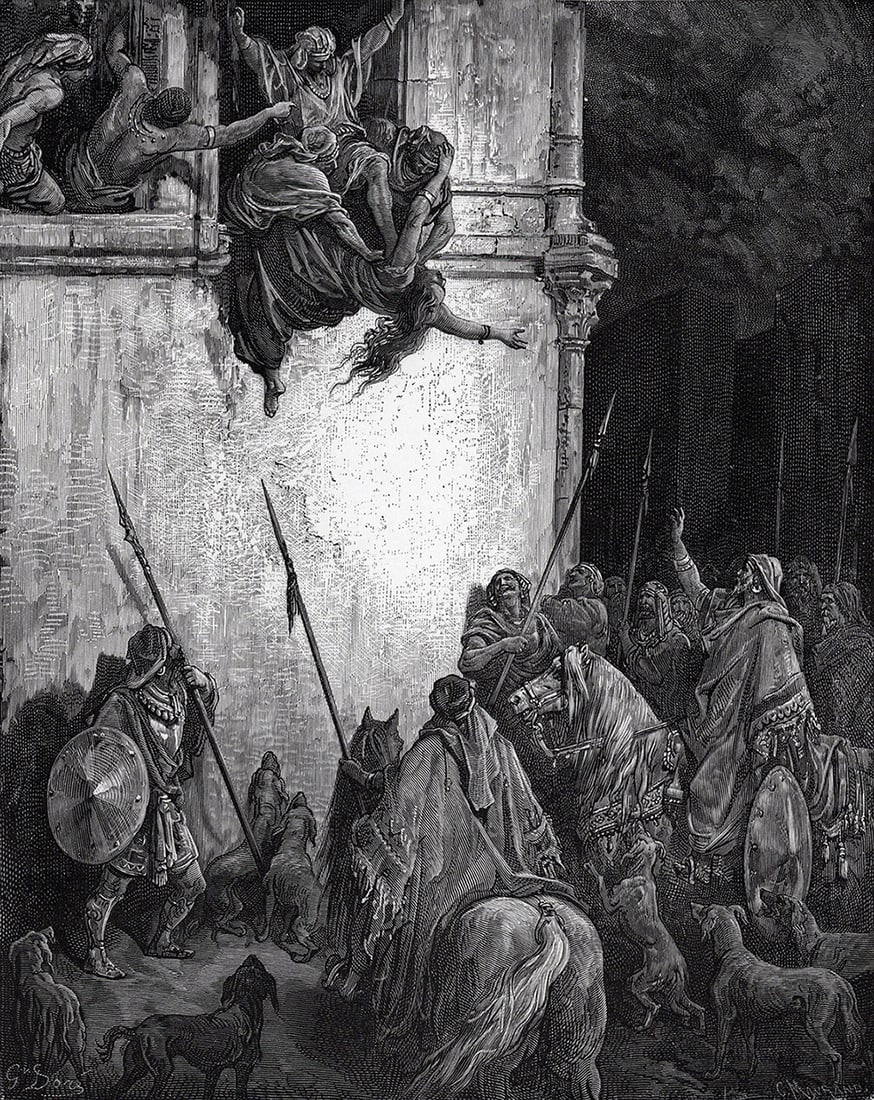 Biblical 1800s Gustave Dore Woodcut The Murder of Jezebel Framed Signed: Gustave Dore (Paul Gustave Louis Christophe Dore) (French, 1832-1883). The Death of Jezebel (from Dore's Bible). Antique woodcut wove paper after the original by a master wood engraver Charles Maurand