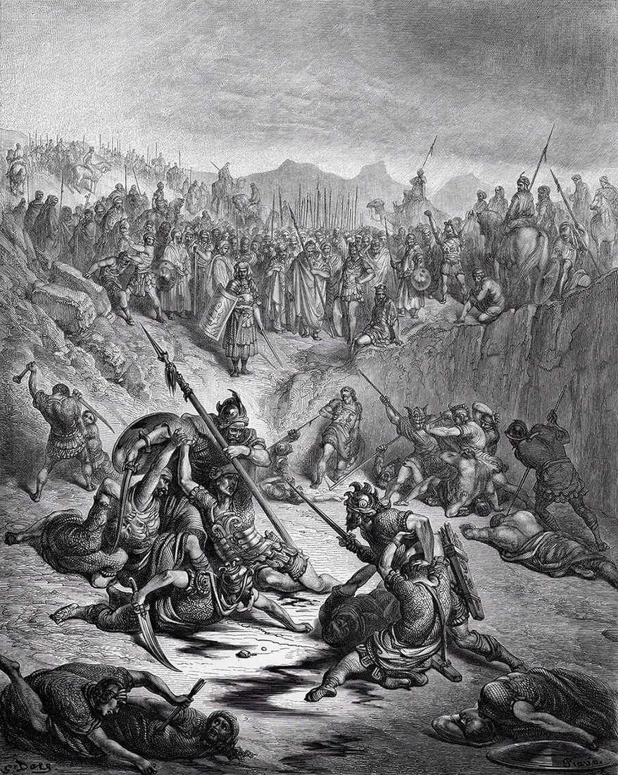 Gustave Dore 1800s Biblical Woodcut "Battle of Gibeon" FRAMED Signed: Gustave Dore (Paul Gustave Louis Christophe Dore) (French, 1832-1883. Combat Between Soldiers of Ish-Bosheth and David (From Dore's Bible). Antique woodcut wove paper after the original by a master wo