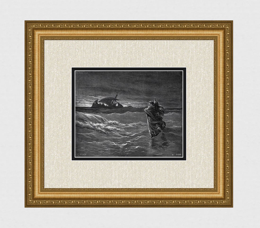 Gustave DORE 1800s Biblical Wood Engraving JESUS WALKS ON THE SEA Framed Signed: Gustave Dore (Paul Gustave Louis Christophe Dore) (French, 1832-1883). Jesus Walks on the Sea (From Dore's Bible). Antique Wood Engraving wove paper after the original by a master wood engraver Heliod