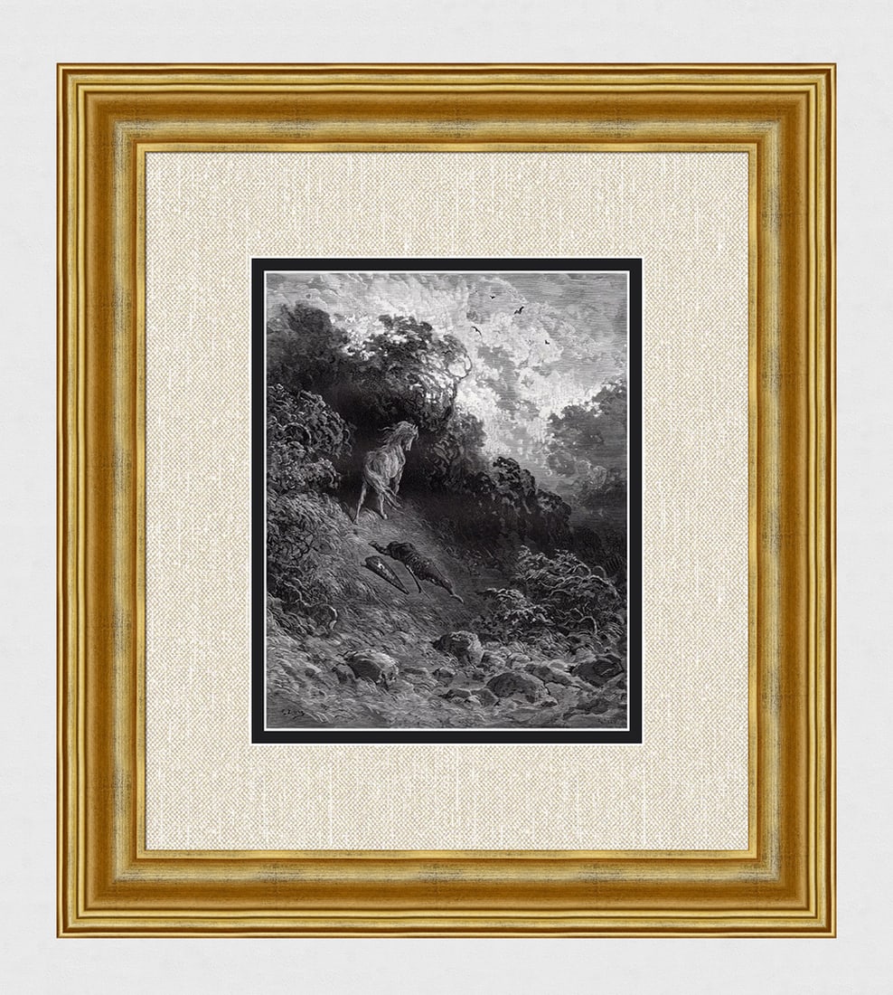 FRAMED 1800s DORE Orlando Furioso Woodcut Ruggiero's Lamentation's SIGNED: Gustave Dore (Paul Gustave Louis Christophe Dore)(French, 1832-1883). Ruggiero's Lamentation's (From Orlando Furioso). Antique woodcut on wove paper after the original Illustration by master wood engr