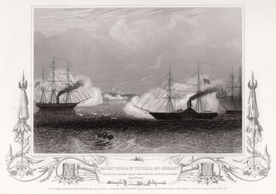 1800s H. BIBBY SIGNED Antique Engraving HMS Hecla & HMS Arrogant FRAMED