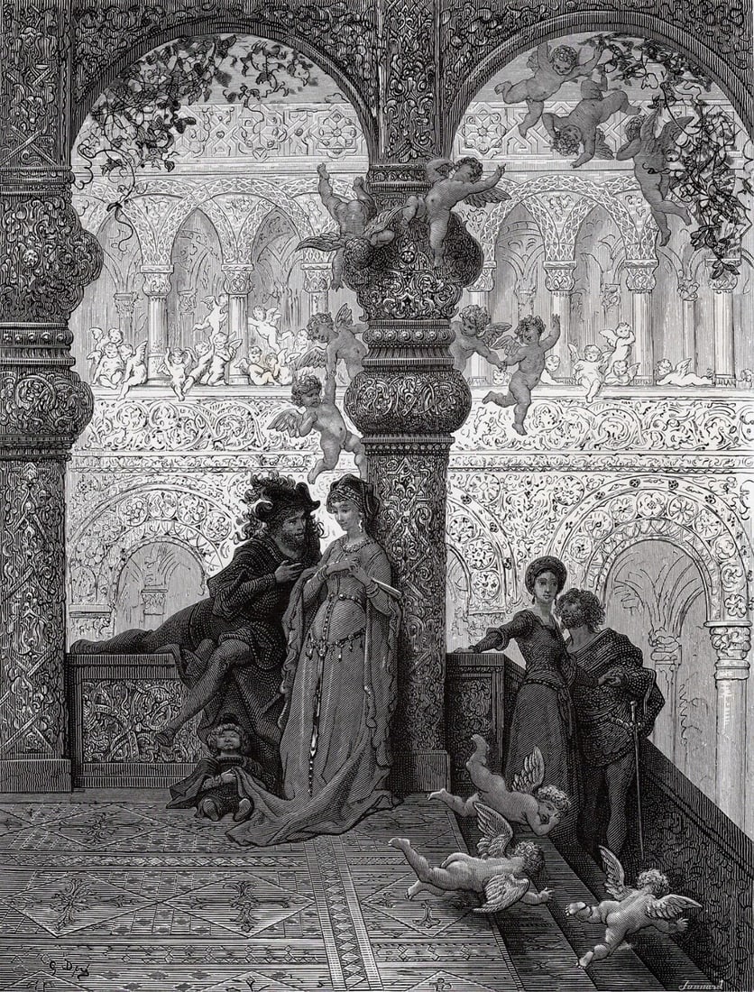 Gustave Dore 1800s Orlando Furioso Woodcut KING ASTOLFO and Cherubs Framed Signed: Gustave Dore (Paul Gustave Louis Christophe Dore )(French, 1832-1883). King Astolfo of the Langobards and Iocondo Latini travel all over Europe incognito, making love to beautiful women. (From Orlando