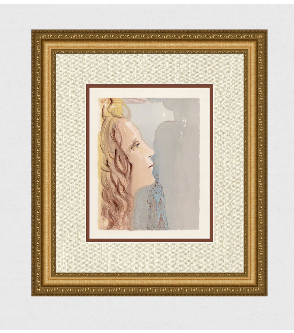 1960 Salvador Dali Beauty Authentic Woodcut: Salvador Dali. (1904-1989). "The Highest Beauty of Beatrice" Paradise Canto 8. Authentic Original Color Woodcut from The Divine Comedy Printed in 1960 on B.F.K. Rives Paper ( this is not a reproductio