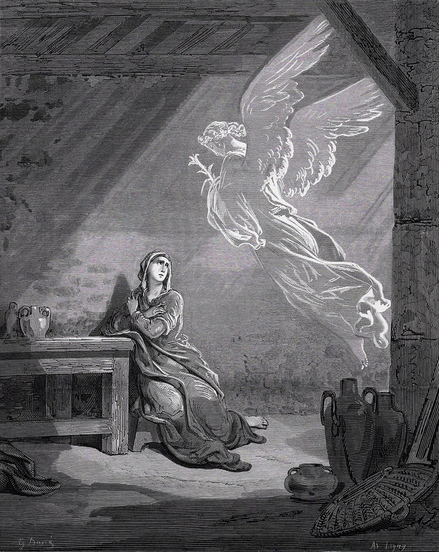 Religious 1800s Gustave DORE Woodcut THE ANNUNCIATION Signed Framed: Gustave Dore (Paul Gustave Louis Christophe Dore) (French, 1832-1883). The Annunciation (from Dore's Bible). Antique woodcut wove paper after the original by a master wood engraver Ad Ligny (French, a