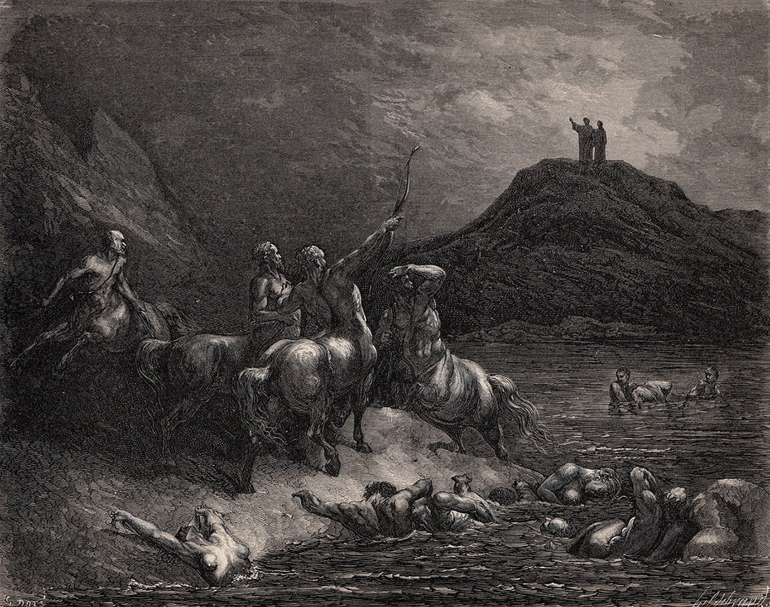 Gustave Dore Centaurs (Dante's Divine Comedy Enferno) c. 1880 Woodcut: Gustave Dore (Paul Gustave Louis Christophe Dore) (French, 1832-1883). The Centaurs (Dante's Divine Comedy Enferno). Antique woodcut wove paper after the original by master wood engraver Theophile Hil