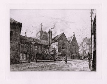 Alfred Louis Brunet Debaines 1880 etching Corpus Christi College and Tower of St. Benet's signed