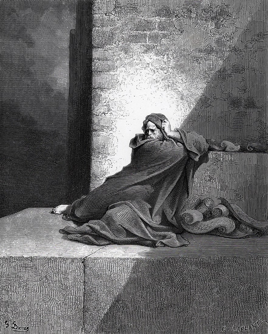 1800s Gustave Dore Woodcut BARUCH'S NEW FOUND WISDOM Framed Signed: Gustave Dore (Paul Gustave Louis Christophe Dore) (French, 1832-1883). Baruch (from Dore's Bible). Medium: Antique woodcut wove paper after the original by a master wood engraver Charles Laplante (Fre