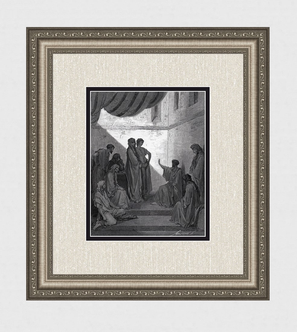 Gustave DORE 1800s SIGNED Wood Engraving Peter Visits Cornelius FRAMED: Gustave Dore(Paul Gustave Louis Christophe Dore) (French,1832-1883). St. Peter the House of Cornelius (from Dore's Bible). Antique Wood Engraving wove paper after the original by a master wood engrave
