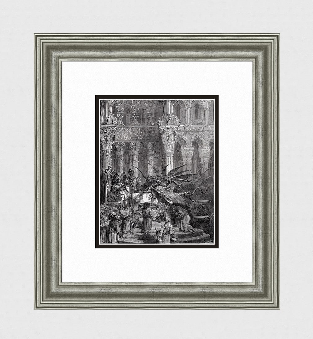 1800s Gustave DORE Orlando Furioso Woodcut Attacking Harpies FRAMED SIGNED: Gustave Dore(Paul Gustave Louis Christophe Dore)(French, 1832-1883). Attacking Harpies Prevent the Emperor from enjoying any meal. (From Orlando Furioso). Antique woodcut on wove paper after the origi