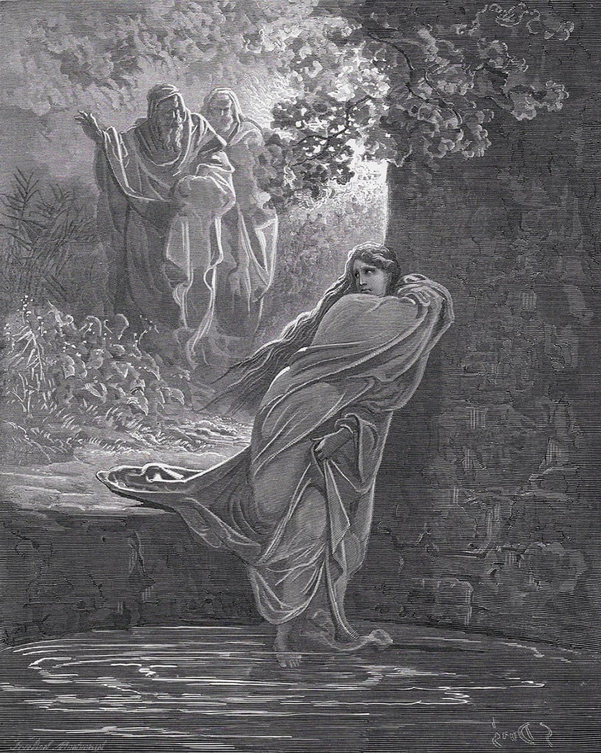 FRAMED 1800s Gustave DORE Religious Woodcut SUSANNA AT THE BATH Signed: Gustave Dore (Paul Gustave Louis Christophe Dore) (French, 1832-1883). Susanna in the Bath (from Dore's Bible). Antique woodcut wove paper after the original by a master wood engravers Francois August