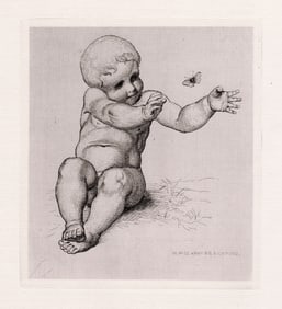 Sir William Blake Richmond 1874 etching Child with a Butterfly signed