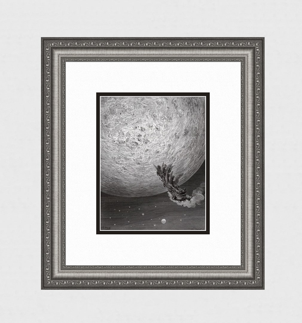 1800s GUSTAVE DORE Woodcut Astolfo Travels to the Moon FRAMED Signed: Gustave Dore(Paul Gustave Louis Christophe Dore)(French, 1832-1883). In Elijah's chariot,St. John and Astolfo travel to the moon in search of Orlando's lost reason. (From Orlando Furioso). Antique woo