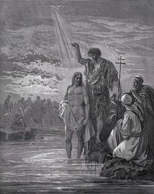 1800s SIGNED GUSTAVE DORE Biblical Woodcut THE BAPTISM OF JESUS Framed